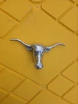 Longhorn Cattle Pewter Bull Head, Hood Ornament, Wall Art, 9" Across. Fixed Price $99.00.